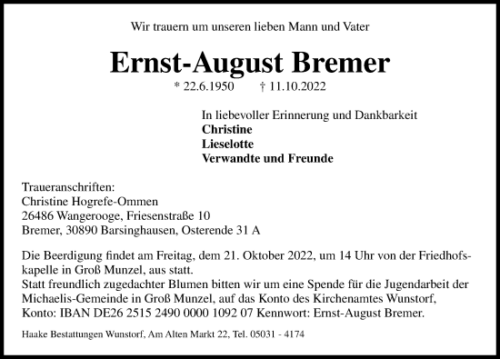 Traueranzeige von Ernst-August Bremer von Hannoversche Allgemeine Zeitung/Neue Presse