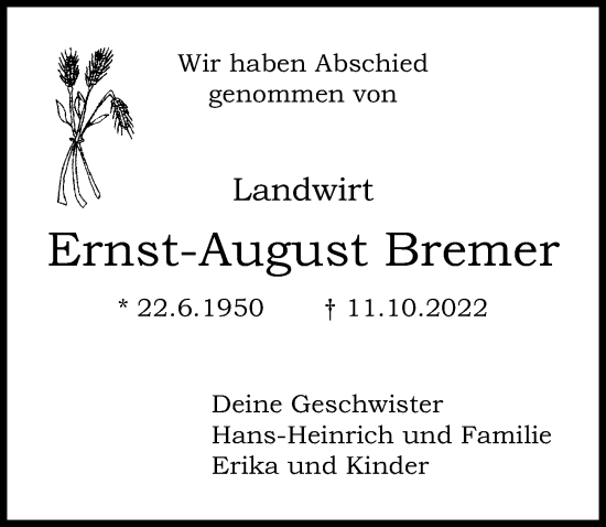 Traueranzeige von Ernst-August Bremer von Hannoversche Allgemeine Zeitung/Neue Presse