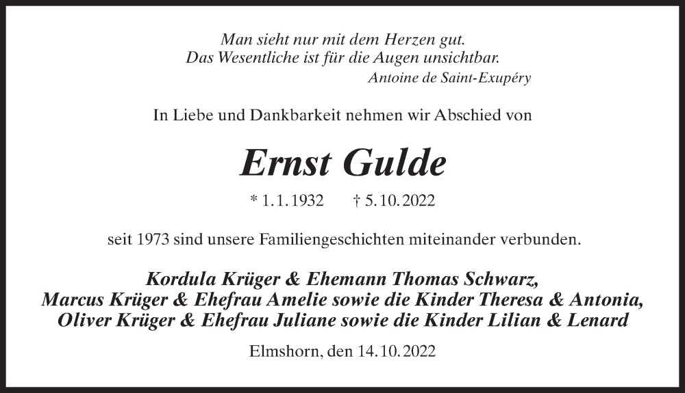  Traueranzeige für Ernst Gulde vom 19.10.2022 aus Märkischen Allgemeine Zeitung