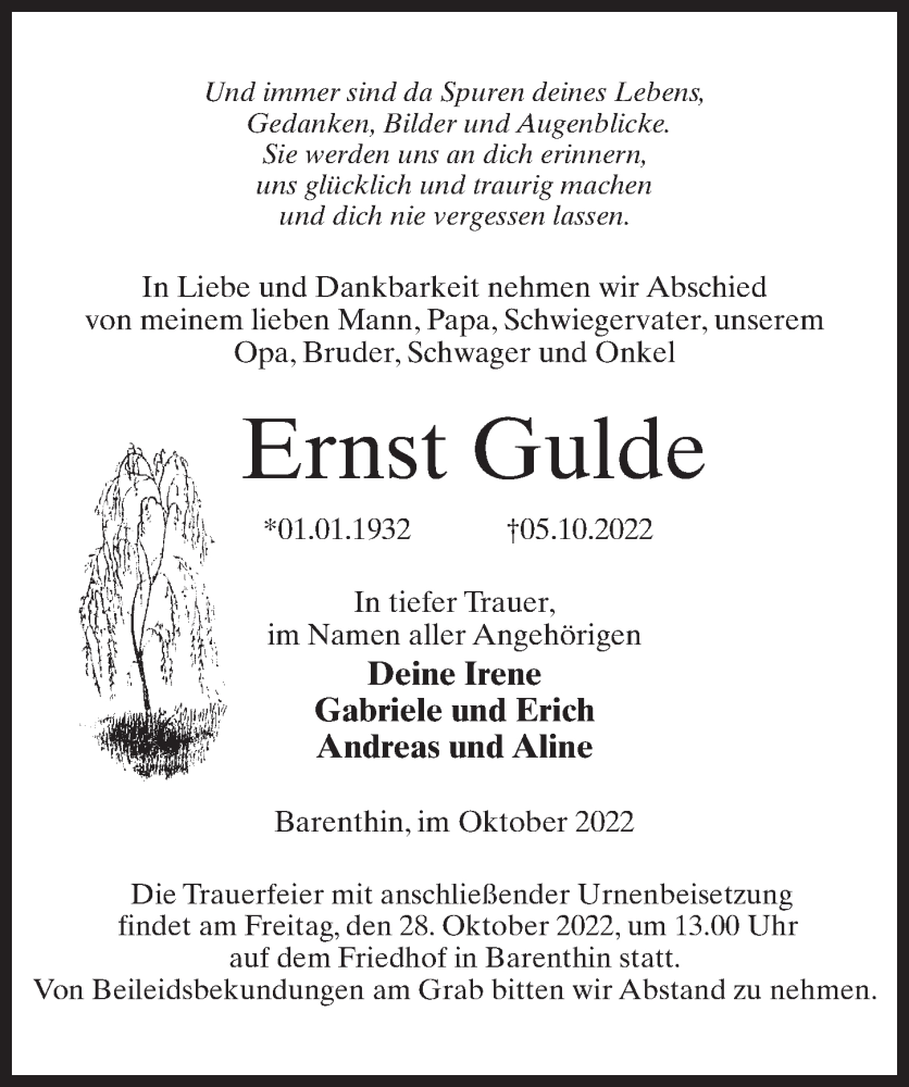  Traueranzeige für Ernst Gulde vom 08.10.2022 aus Märkischen Allgemeine Zeitung
