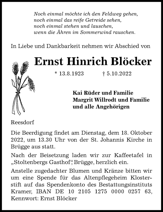 Traueranzeige von Ernst Hinrich Blöcker von Kieler Nachrichten