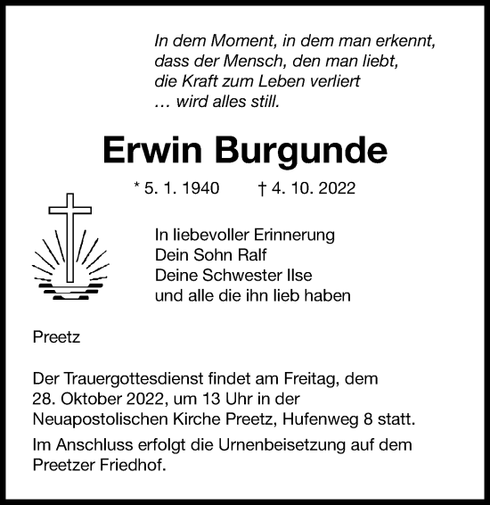 Traueranzeige von Erwin Burgunde von Kieler Nachrichten