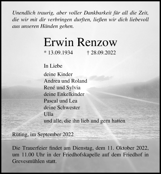 Traueranzeige von Erwin Renzow von Ostsee-Zeitung GmbH