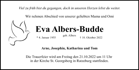 Traueranzeige von Eva Albers-Budde von Lübecker Nachrichten