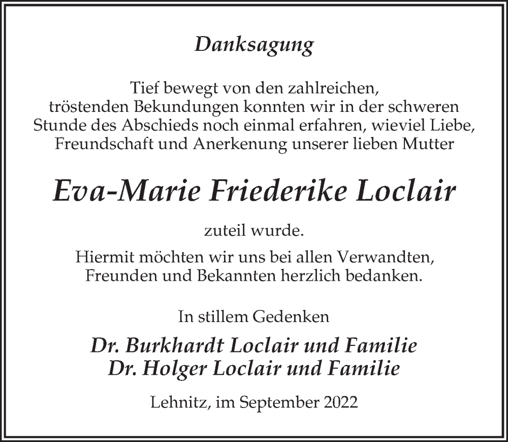  Traueranzeige für Eva-Marie Friederike Loclair vom 01.10.2022 aus Märkischen Allgemeine Zeitung