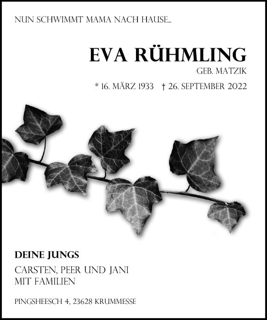 Traueranzeige von Eva Rühmling von Lübecker Nachrichten