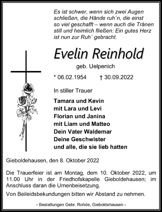 Traueranzeige von Evelin Reinhold von Eichsfelder Tageblatt