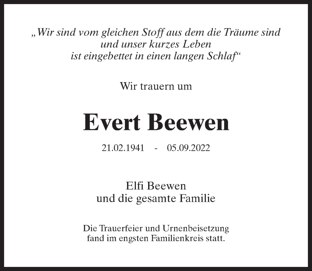  Traueranzeige für Evert Beewen vom 01.10.2022 aus Märkischen Allgemeine Zeitung