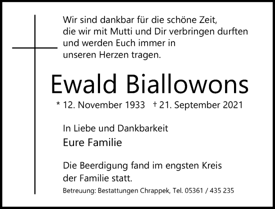 Traueranzeige von Ewald Biallowons von Aller Zeitung
