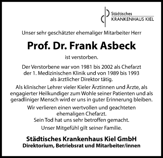 Traueranzeige von Frank Asbeck von Kieler Nachrichten