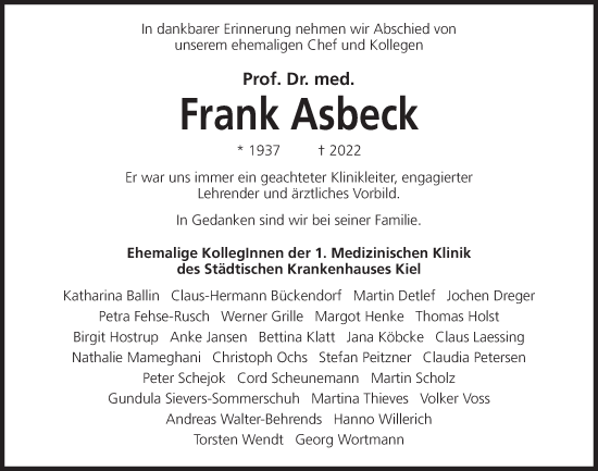 Traueranzeige von Frank Asbeck von Kieler Nachrichten