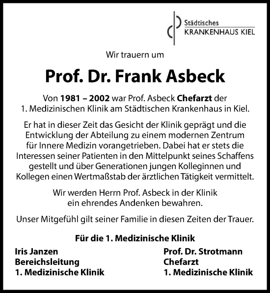 Traueranzeige von Frank Asbeck von Kieler Nachrichten