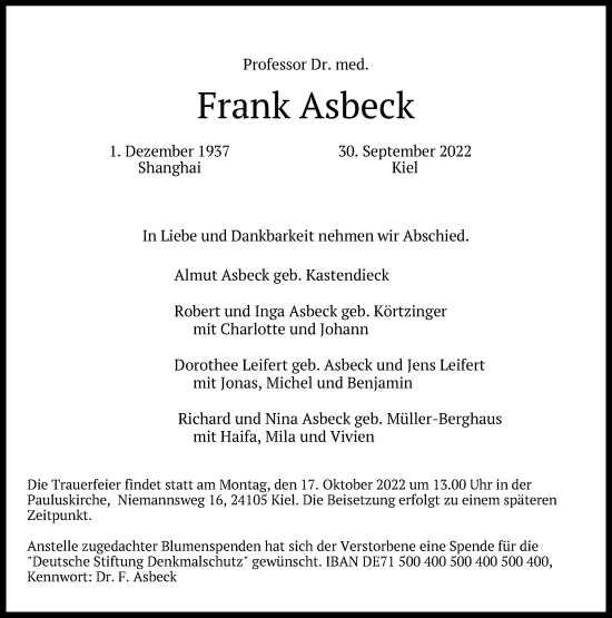 Traueranzeige von Frank Asbeck von Kieler Nachrichten