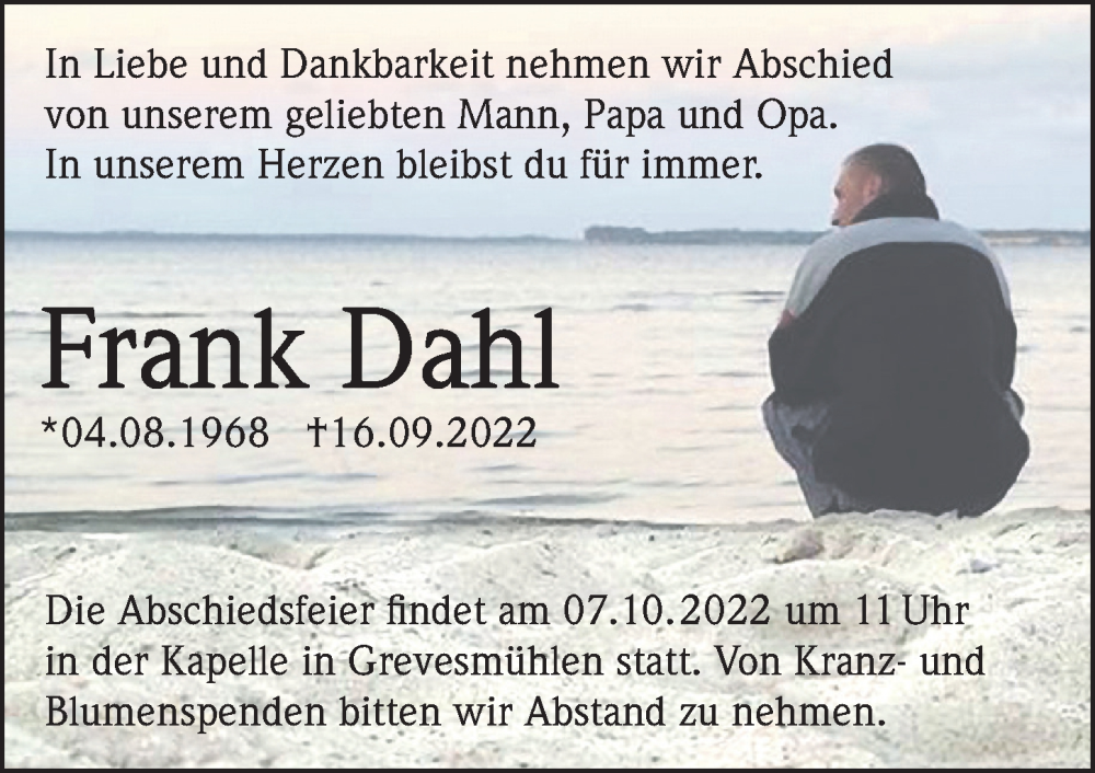  Traueranzeige für Frank Dahl vom 01.10.2022 aus Ostsee-Zeitung GmbH