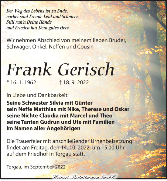 Traueranzeige von Frank Gerisch von Torgauer Zeitung