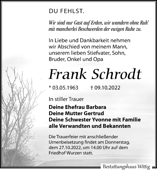 Traueranzeige von Frank Schrodt von Leipziger Volkszeitung