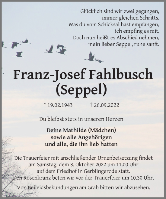 Traueranzeige von Franz-Josef Fahlbusch von Eichsfelder Tageblatt