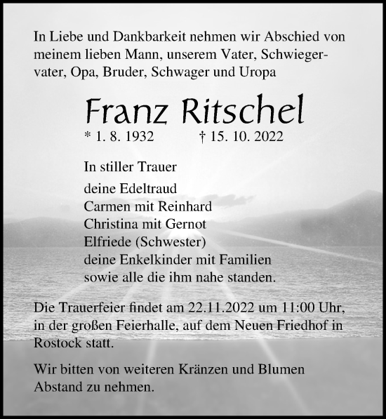 Traueranzeige von Franz Ritschel von Ostsee-Zeitung GmbH