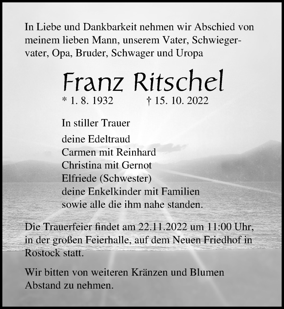  Traueranzeige für Franz Ritschel vom 22.10.2022 aus Ostsee-Zeitung GmbH