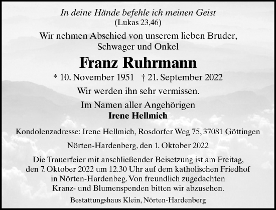 Traueranzeige von Franz Ruhrmann von Göttinger Tageblatt