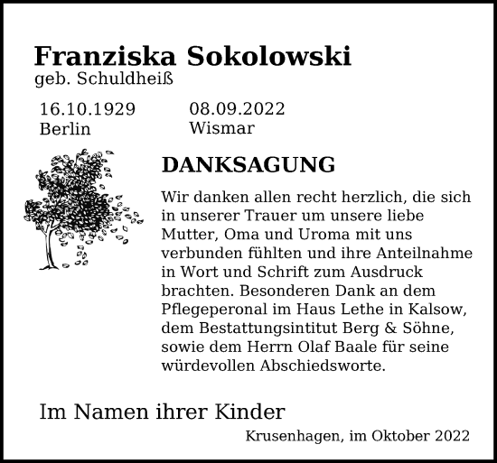 Traueranzeige von Franziska Sokolowski von Ostsee-Zeitung GmbH