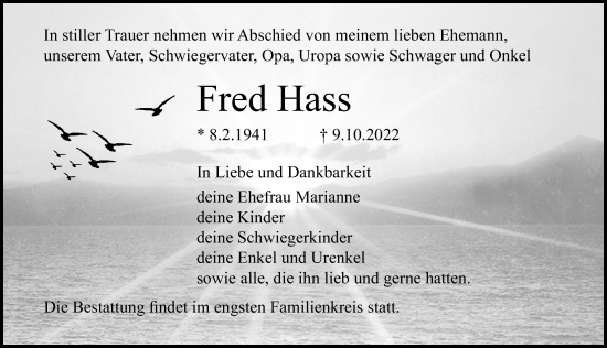 Traueranzeige von Fred Hass von Ostsee-Zeitung GmbH