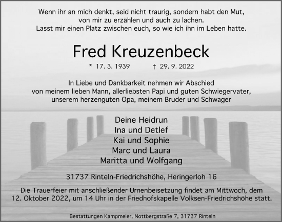 Traueranzeige von Fred Kreuzenbeck von Schaumburger Nachrichten