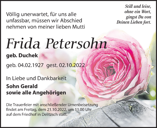 Traueranzeige von Frida Petersohn von Leipziger Volkszeitung