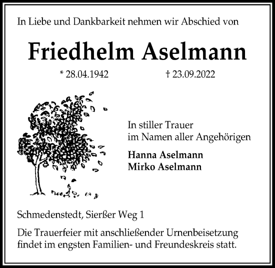 Traueranzeige von Friedhelm Aselmann von Peiner Allgemeine Zeitung