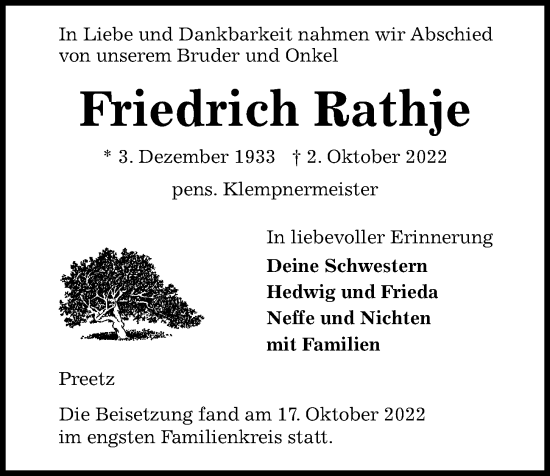 Traueranzeige von Friedrich Rathje von Kieler Nachrichten