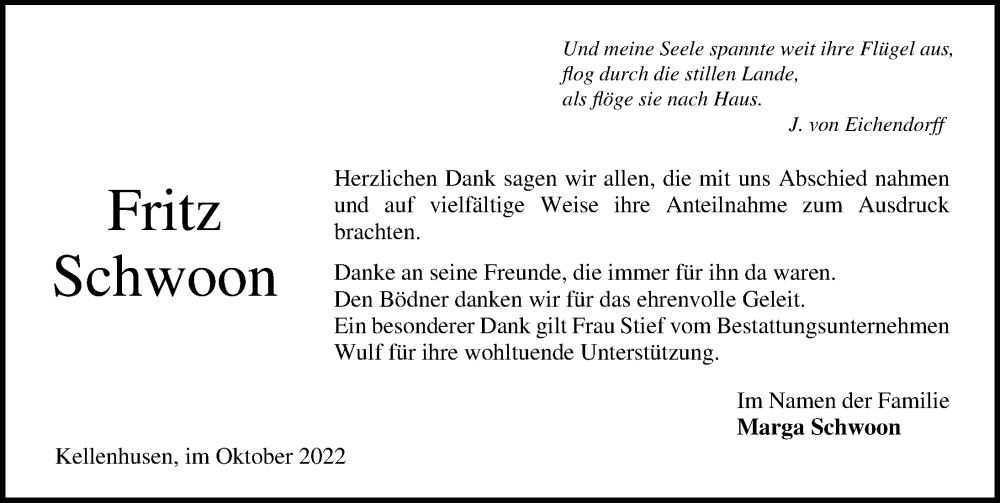  Traueranzeige für Fritz Schwoon vom 15.10.2022 aus Lübecker Nachrichten