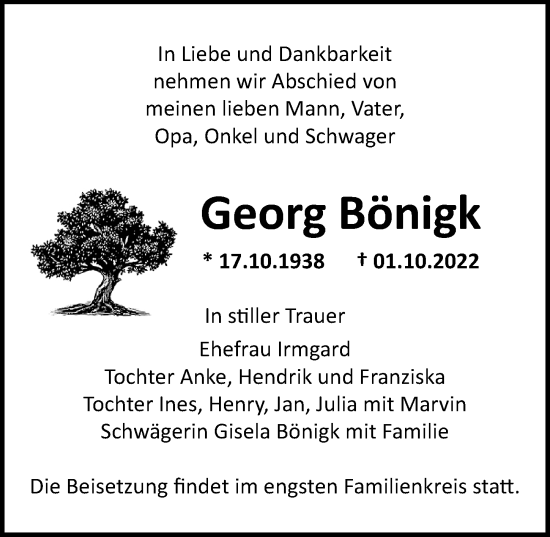 Traueranzeige von Georg Bönigk von Märkischen Allgemeine Zeitung