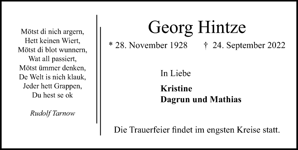  Traueranzeige für Georg Hintze vom 02.10.2022 aus Lübecker Nachrichten