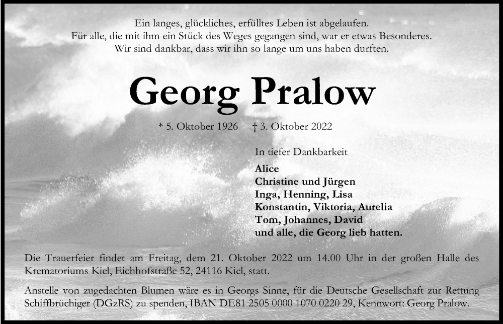  Traueranzeige für Georg Pralow vom 15.10.2022 aus Kieler Nachrichten