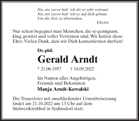 Traueranzeige von Gerald Arndt von Märkischen Allgemeine Zeitung