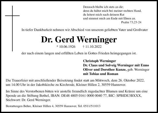 Traueranzeige von Gerd Werninger von Hannoversche Allgemeine Zeitung/Neue Presse