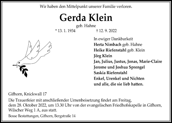 Traueranzeige von Gerda Klein von Aller Zeitung