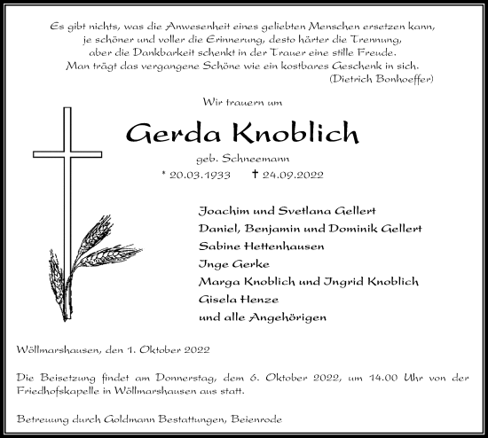 Traueranzeige von Gerda Knoblich von Göttinger Tageblatt