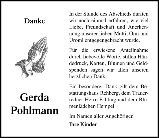 Traueranzeige von Gerda Pohlmann von Ostsee-Zeitung GmbH