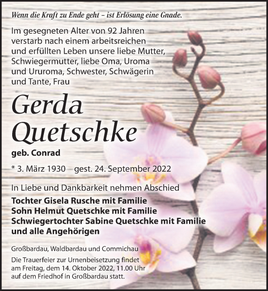 Traueranzeige von Gerda Quetschke von Leipziger Volkszeitung