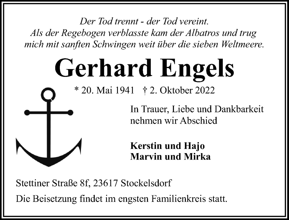  Traueranzeige für Gerhard Engels vom 16.10.2022 aus Lübecker Nachrichten