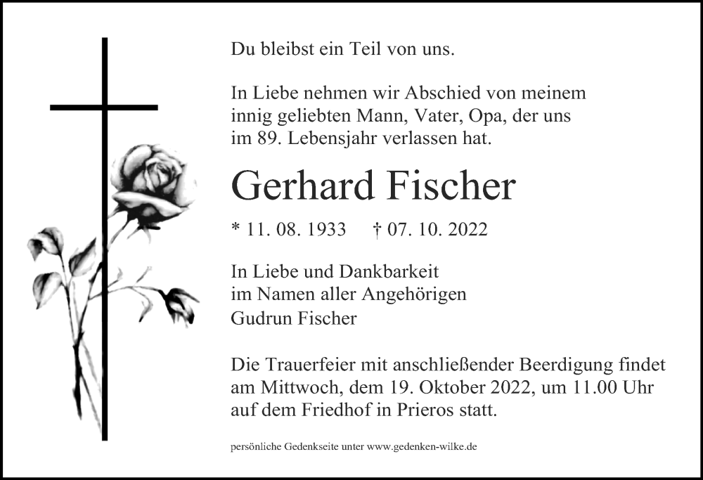  Traueranzeige für Gerhard Fischer vom 15.10.2022 aus Märkischen Allgemeine Zeitung