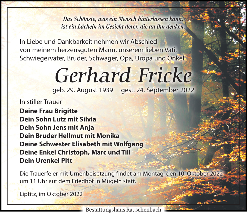  Traueranzeige für Gerhard Fricke vom 01.10.2022 aus Leipziger Volkszeitung