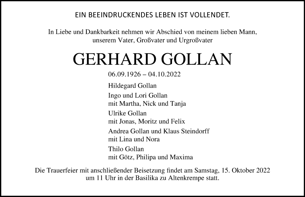  Traueranzeige für Gerhard Gollan vom 09.10.2022 aus Lübecker Nachrichten