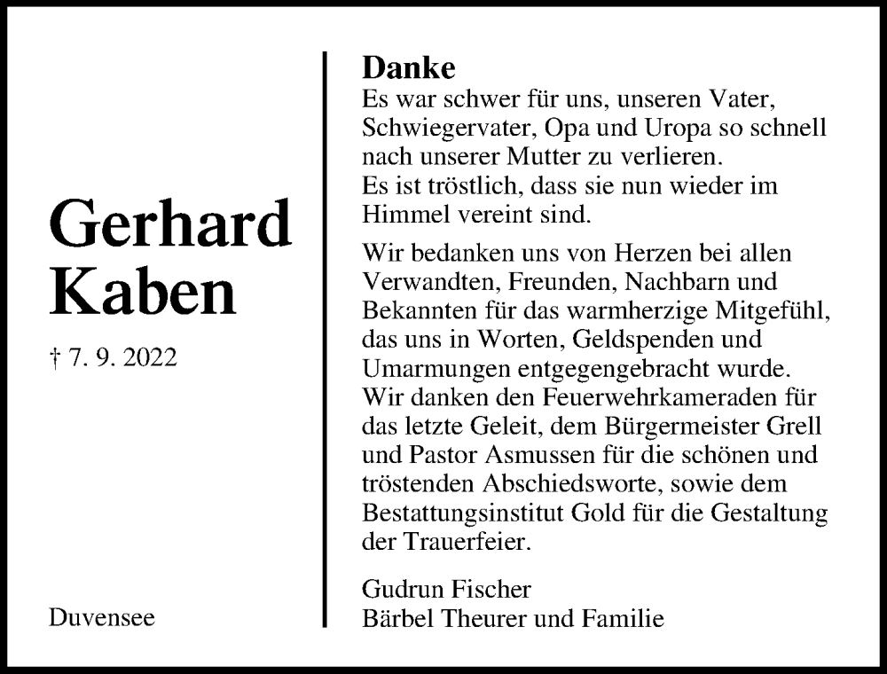  Traueranzeige für Gerhard Kaben vom 08.10.2022 aus Lübecker Nachrichten