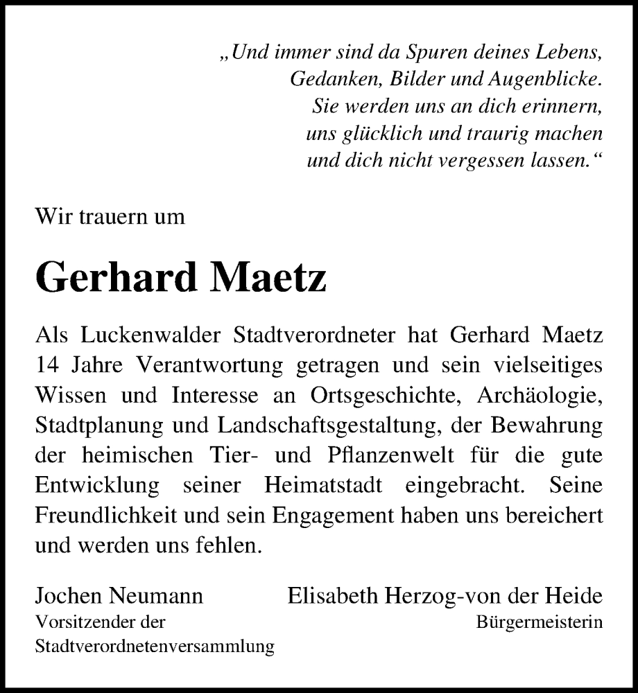  Traueranzeige für Gerhard Maetz vom 22.10.2022 aus Märkischen Allgemeine Zeitung
