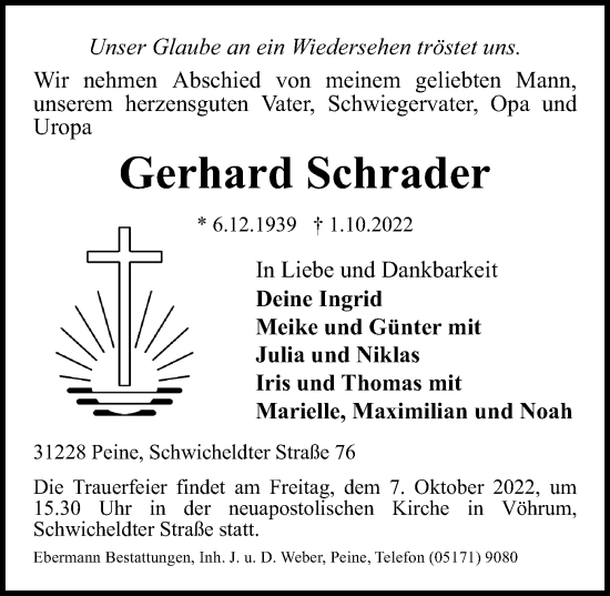 Traueranzeige von Gerhard Schrader von Peiner Allgemeine Zeitung