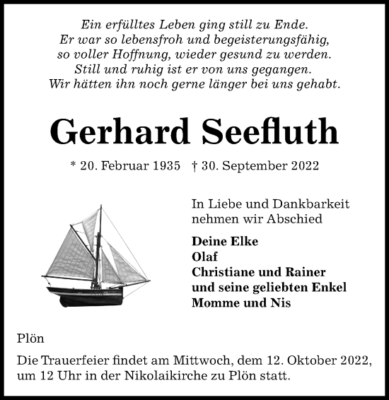 Traueranzeige von Gerhard Seefluth von Kieler Nachrichten