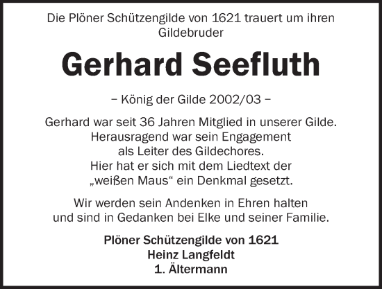 Traueranzeige von Gerhard Seefluth von Kieler Nachrichten