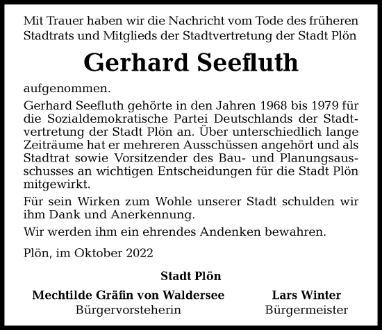 Traueranzeige von Gerhard Seefluth von Kieler Nachrichten